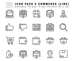 Icon Set of E Commerce Vector Line Icons. Contains such Icons as Online Payment, Feedback, Start up etc. Editable Stroke. 64x64 Pixel Perfect