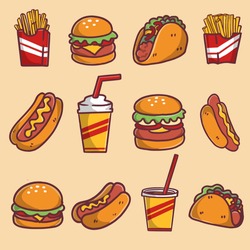 Collection Of Fresh Fast Food Premium Doodle Illustration