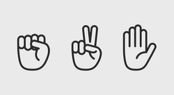 Rock, scissors, paper icons. Hand gestures icons set. Rock, scissors, paper icons isolated on white background. Vector illustration