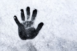 Snow Hand. One hand prints on fresh snow. Winter day. High quality photo