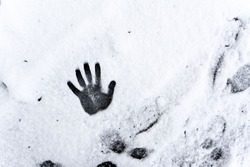 Snow Hand. One hand prints on fresh snow. Winter day. High quality photo