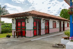 Traditional architecture of the colonial period in the Andean area, in South America, traditional house of the Antioquia region, traditional and ecological coffee and tourist area. Coffee region, coff