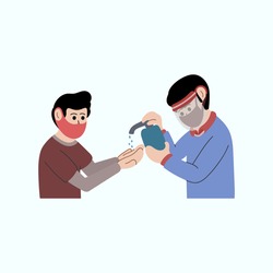 Vector illustration of Men use face shields and wear facemasks. spraying by antibacterial hand sanitizer before entering public area. To Prevent Coronavirus Transmission 
