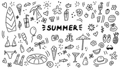 Summer doodles icon set. Hand drawn lines cartoon icons collection. Vector illustration.