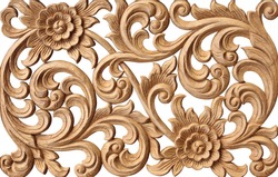 Pattern of flower carved on wood isolated on white background.