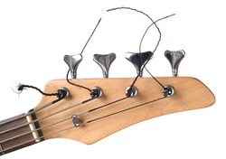 A close up shot of the headstock of a bass guitar. 