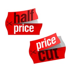 Price cut and Half price stickers. Vector.