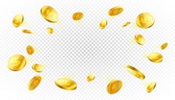 Explosion of gold coins with place for text on transparent background, vector illustration