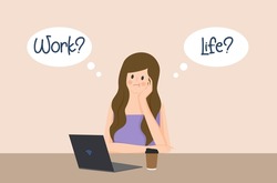Flat design of ‘work life balance’ concept, beautiful Asian business woman is thinking how to balance her life, Balancing life, work and life.