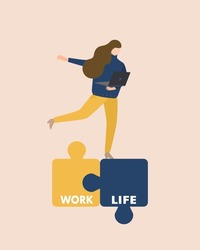 Flat design of ‘work life balance’ concept, business working woman is trying to balance between work and life. Jigsaw puzzle connected work and life. Woman’s holding laptop wearing navy sweater.