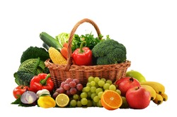 A fruits and vegetables basket in the white background