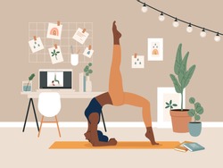 Young woman doing yoga exercise with video course in home. Cozy room interior background with laptop, plants, pictures, table and chair. Flat vector illustration.