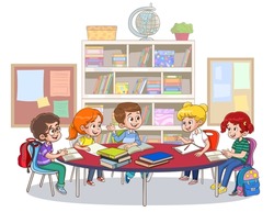 Group of children sitting at desk in school library and studying together. Or shelves on the background. Student study group.cartoon vector illustration.