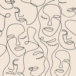 Continuous line, drawing of faces, fashion minimalist concept, vector illustration. Modern fashionable pattern. Glamour one line drawing women faces seamless pattern. 