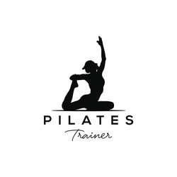 Sitting Pose Pilates Woman Silhouette, Girl with Beauty Body Hair and Face at gym logo design