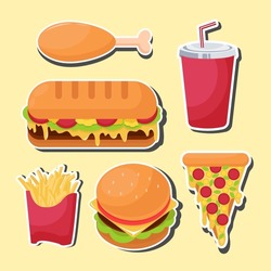 Food and drink illustration. Cute illustration. Food and drink icon. Unhealthy food. Poor and bad nutrition. Take away. Fatty foods. Trans fat. Diet struggle. Delicious food
