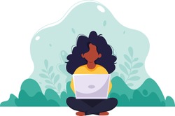 Black woman sitting with laptop. Freelance, online studying, work from home concept. Vector illustration in flat style.