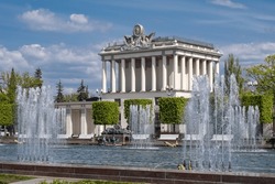 Russia, Moscow, VDNH. A beautiful pavilion and fountain on a sunny spring day.