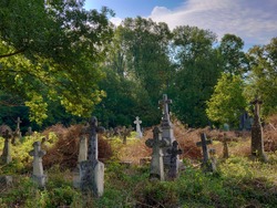 Old abandoned cemetery on a sunny summer morning. Old stone crosses on graves.