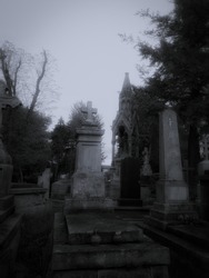 Mystical abandoned cemetery in black and white. Graves and crypts in a dark scary cemetery.