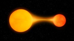 Two stars exchange matter. A giant star absorbs matter from another star. Accretion process in a binary system. 