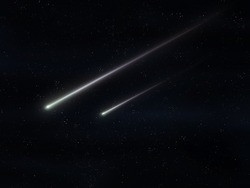 Two meteorites fly in the night sky. Bright meteors glow in the atmosphere. Beautiful shooting stars. 