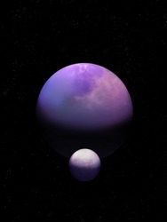 Exoplanet with satellite, sci-fi background. Planet with atmosphere has a moon. Alien planet in space in bright colors. 