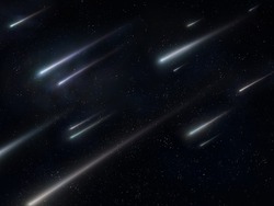 Star rain in the night sky. Falling stars on a black background. Beautiful meteor shower, falling meteorites. 