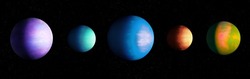 Exoplanets in space, planetary system. Planets from an alien star system. Exoplanets of different sizes and colors.