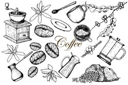Coffee set. Collection of design of coffee products and drinks. Hand drawn sketch, vector stock illustration. Engraved style Design for cafes and restaurants.