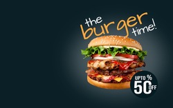 Concept promotional flyer and poster for Restaurants or Burger, template with delicious taste seafood burger,beef burger and copy space for your text.
