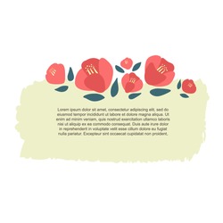 Vector illustration of hand-drawn red japanese camellia on a pink background. Hand-drawn template with text space. Design element for postcards.