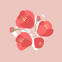 Vector hand-drawn illustration of red Japanese camellia on a pink background. Cute picture, a bouquet of cartoon flowers.