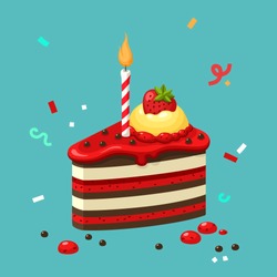 Vector Icon of a birthday cake-cheesecake with strawberries and chocolate. There is a lighted candle in the cake. The dessert is decorated with strawberries and chocolate crumbs.