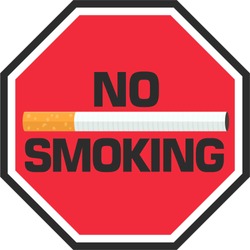 Vector caution icon sign  NO SMOKING. Cigarette sticker in red hexagon. No smoking sign sticker  illustration in flat minimalism style.
