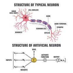 Vector scientific tech icon structure of human neuron and neuron of artificial intelligence. Description of the anatomy of the neuron of the brain and computer artificial intelligence. 