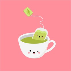 A cup with green tea and a disposable sachet. Cute character. Vector illustration. Image of joyful emotions.