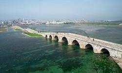 Mimar Sinan (Architect Sinan) Bridge, Buyukcekmece Istanbul - Turkey.Drone image of Suleiman the Magnificent Bridge. Historical stone bridges. ottoman architecture 