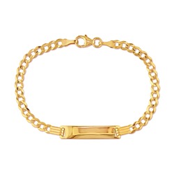18 Karat Yellow Gold Chain Curb Link ID Bracelet with Lobster Claw Clasp Isolated on White. Linked-Chain Design Golden Jewellery. Wristband Accessories. Women's & Men's Precious Metal Jewelry