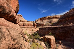dramatic red  rock formations along the collins spring trail on a sunny spring day in the grand gulch area of cedar mesa near blanding, utah 