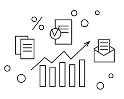 Stylized contour chart graph, data, envelope, documents, reports. Data analysis and business planning signs. Growing bar graph with an arrow pointing up. Black isolated on a white. Vector illustration