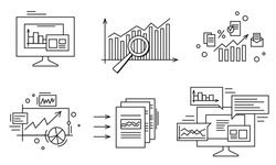 Vector business and finance line icon set with graphs, charts, data. Collection of data analysis and business planning signs. Stylized  contour chart, documents, reports. Black and white. Isolated.
