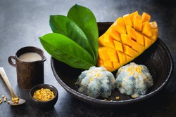Mango and sticky rice, Thai sweet dessert, coloured with butterflypea flower on dark background