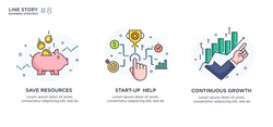 Set of illustrations concept with business concept. Workflow, growth, graphics. Business development, milestones, start-up. linear illustration Icons infographics. Landing page site print poster. Eps