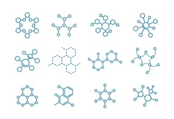 The structure of the substance. Molecule of the formula. Set of scientific icons. Outline contour line flat vector illustration clipart.