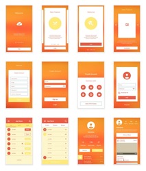 Mobile Screens User Interface Kit. Modern user interface UX, UI screen template for mobile smart phone or responsive web site. Welcome, onboarding, login, sign-up and home page layout.