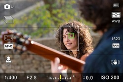 Screen or camera viewfinder with the photographic settings of a portrait photo