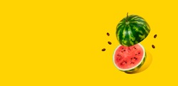 Floating, levitating sliced fresh watermelon with a tail,seeds on yellow background.Summer fruits,berries.Bold color.Trendy,minimal shadows.Creative food. Concept of watermelon day-August 3.Copy space