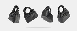 Set of black eco leather bags from different sides flying on a gray background.Creative composition of a levitating handbag. Conceptual banner of fashionable women's accessories. Vegan friendly bag.
