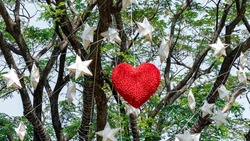 The tree hang with paper heart and star shape decoration background. Large tree hanging with red heart paper and white star decorative outdoor